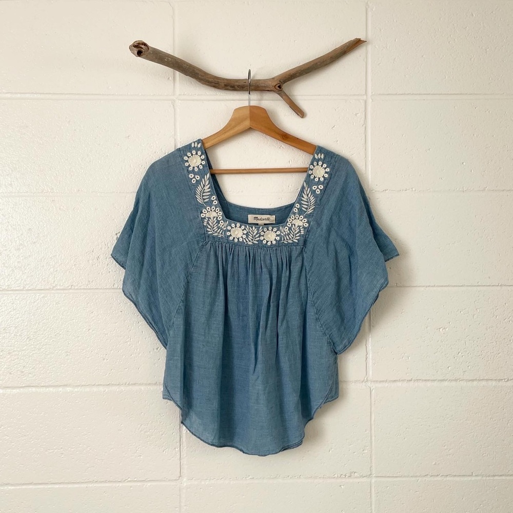 Madewell chambray elephant sleeve blouse with embroidered floral detail